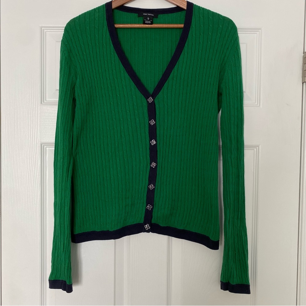 Pink Tartan Green Ribbed Cardigan with Navy Trim Size Large